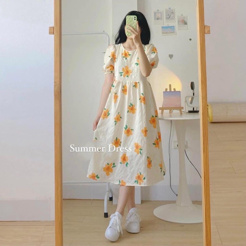 Váy Babydoll hoa cam tay bồng chất đũi xốp Pea Store - Đầm hoa dáng dài đũi xốp xinh xắn (Ảnh thật)