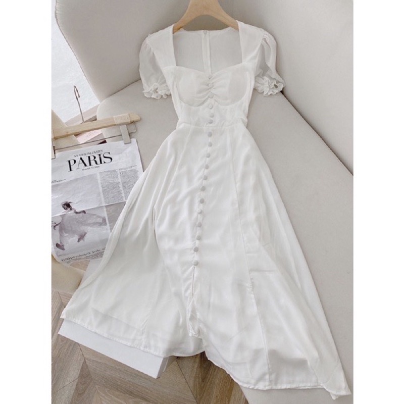 ĐẦM MIDI TRẮNG NHÍU NGỰC NÚT BỌC TAY BÚP MẪU CHỊ NINA LÊ ✨LOTUS SHOP✨