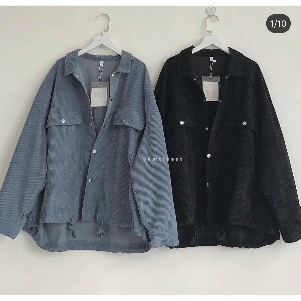 Áo Khoác Sơ Mi Nhung Có Túi Trước Form Rộng Phong Cách Hàn Quốc - La mode