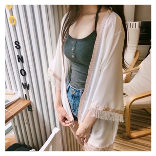 Áo kimono thổ cẩm mix tua rua
