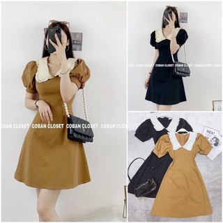 Đầm xoè phối cổ trắng tay bồng 2 màu