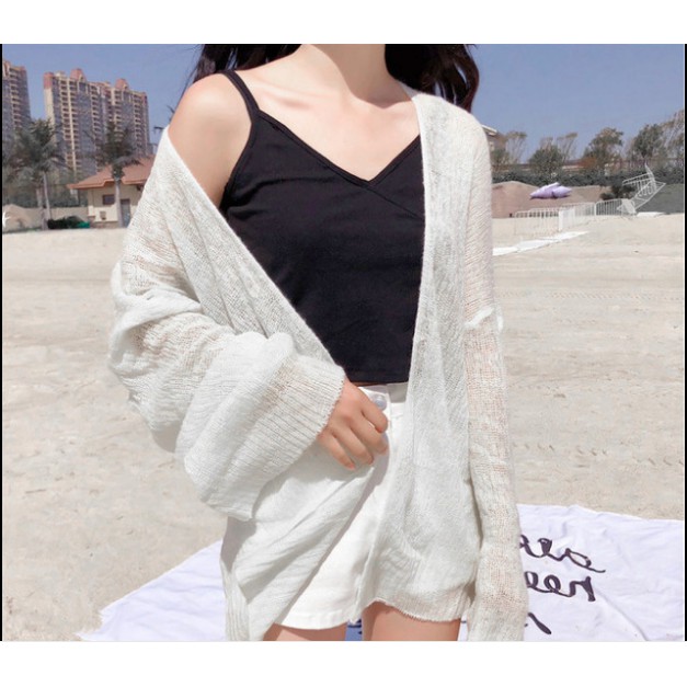 Áo cardigan đi biển Áo khoác cardigan len mỏng Vintage Hàn Quốc trẻ trung đáng yêu