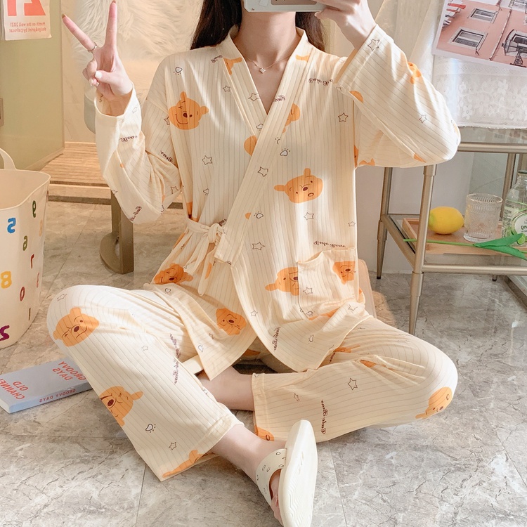 Bộ Pijama cài chéo dài tay kiểu dáng kimono, Bộ ngủ nữ mặc nhà phong cách nhật bản siêu dễ thương DN08