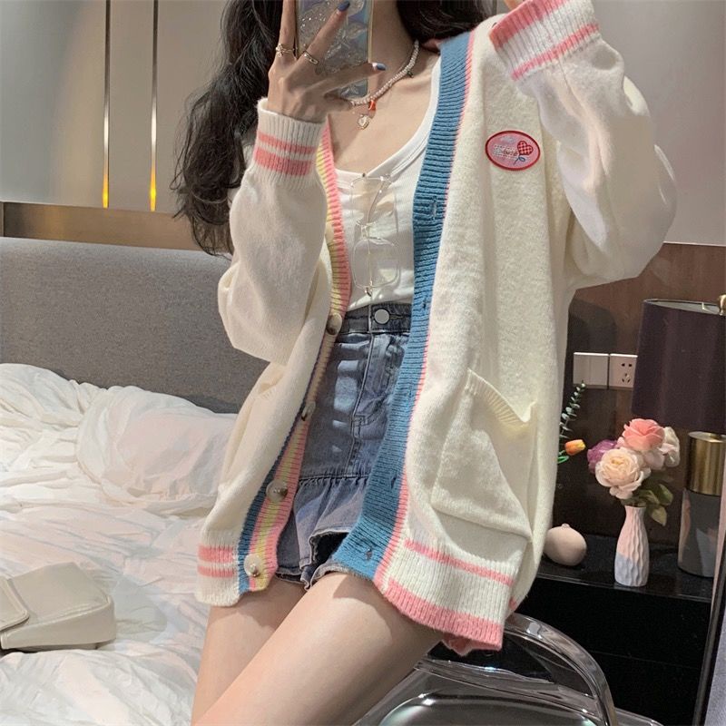 Áo khoác len Cardigan cổ chữ V dáng rộng màu cầu vồng thời trang thu đông Hàn Quốc cho nữ
