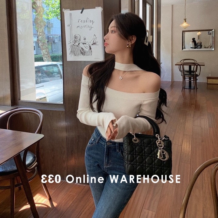 Áo sweater dệt kim dáng ôm hở vai cho nữ