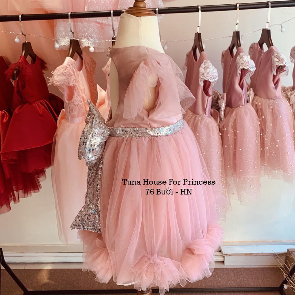 [Sẵn size 9-35kg] Váy đầm xoè công chúa thiết kế cho bé gái xù chân bông hồng tặng băng đô - Tuna House For Princess