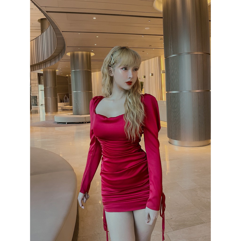 Váy Lụa Body Tay Dài Dây Rút LSEOUL V1000 Tôn Dáng Quyến Rũ Phù Hợp Đi Tiệc