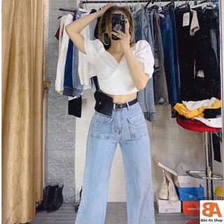 Áo croptop nữ kiểu cổ V đắp chéo tay phồng