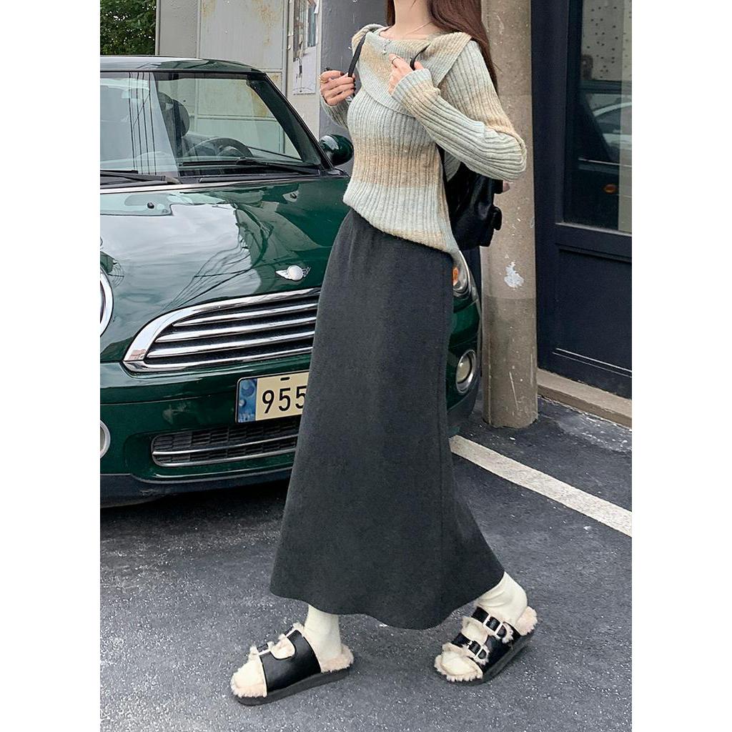 Chân Váy Len Dài Trung Bình Màu Nâu Phong Cách retro Thời Trang Thu Đông Kiểu Mới 68420