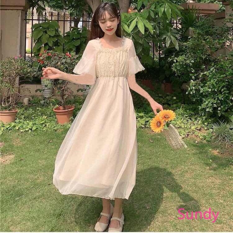 Đầm Chiffon Dáng Dài Phối Ren Thời Trang Mùa Hè Cho Nữ