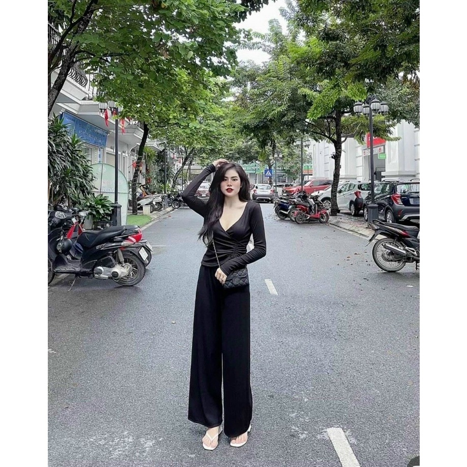 Set bộ thun gân quần dài, set áo tay dài cổ v rút dây eo, quần ống suông mặc nhà đi chơi dễ thương