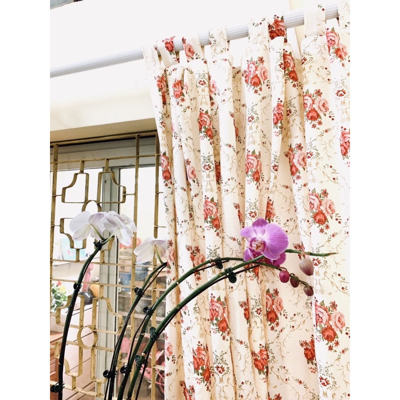 Thanh lý 1 tấm Rèm vintage hoạ tiết hoa hồng (vải thô đũi cara) 1,4x1,8m