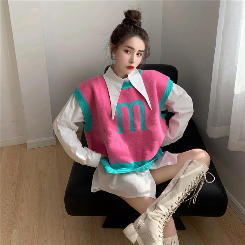 Set áo sơ mi dài tay cổ búp bê + áo len không tay hợp thời trang cho nữ (có bán lẻ) | BigBuy360 - bigbuy360.vn