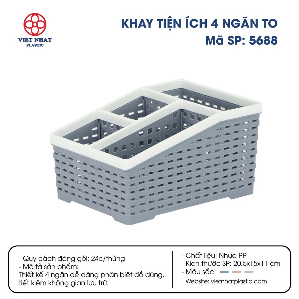 Khay nhựa tiện ích 4 ngăn TO Việt Nhật, khay 4 ngăn để bàn đựng bút, đồ dùng đa năng hàng Cao Cấp Bền Đẹp- 5688