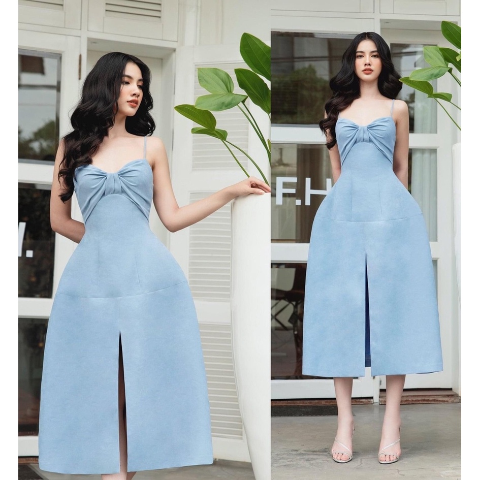 🔥𝓠𝓾ả𝓷𝓰 𝓒𝓱â𝓾 CAO CẤP🔥 Đầm dáng xoè xẻ giữa hai dây cúp ngực phối nơ xanh navy vải phi mờ Ý ladyvin