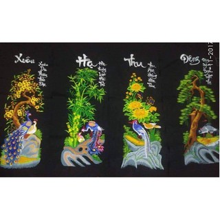 tranh thêu chưa khung ( vi tính) tứ quý Xuân Hạ Thu Đông chữ lớn trắng
