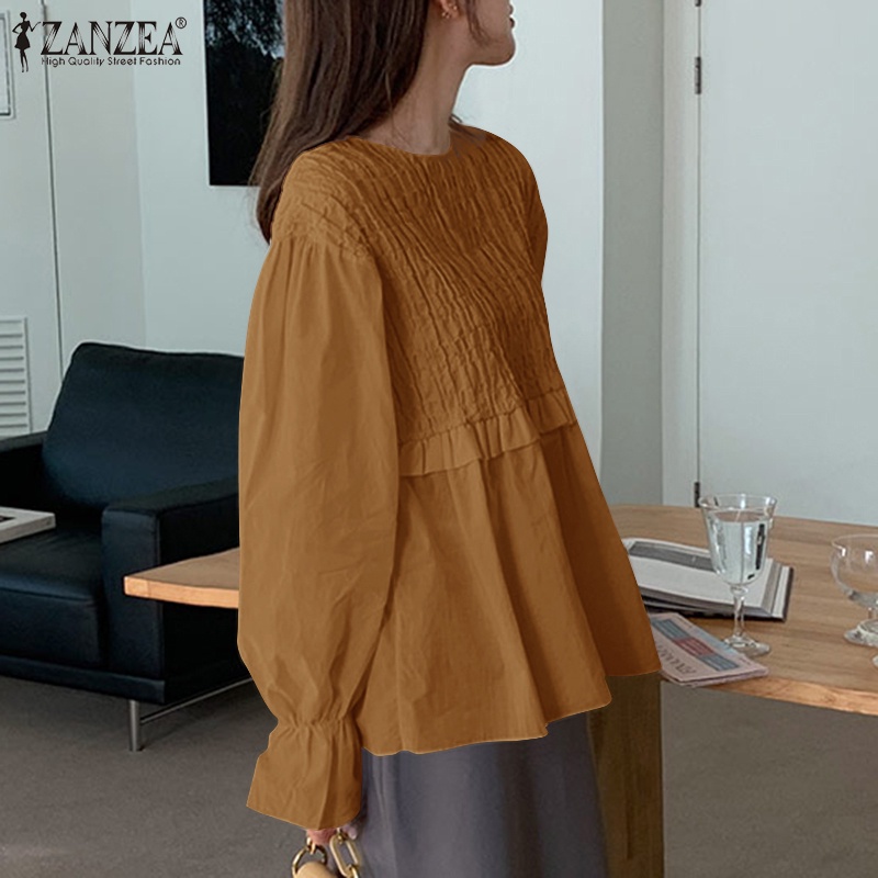 Áo kiểu Zanzea cổ tròn xếp ly đơn giản thanh lịch phong cách hàn quốc thích hợp cho nữ