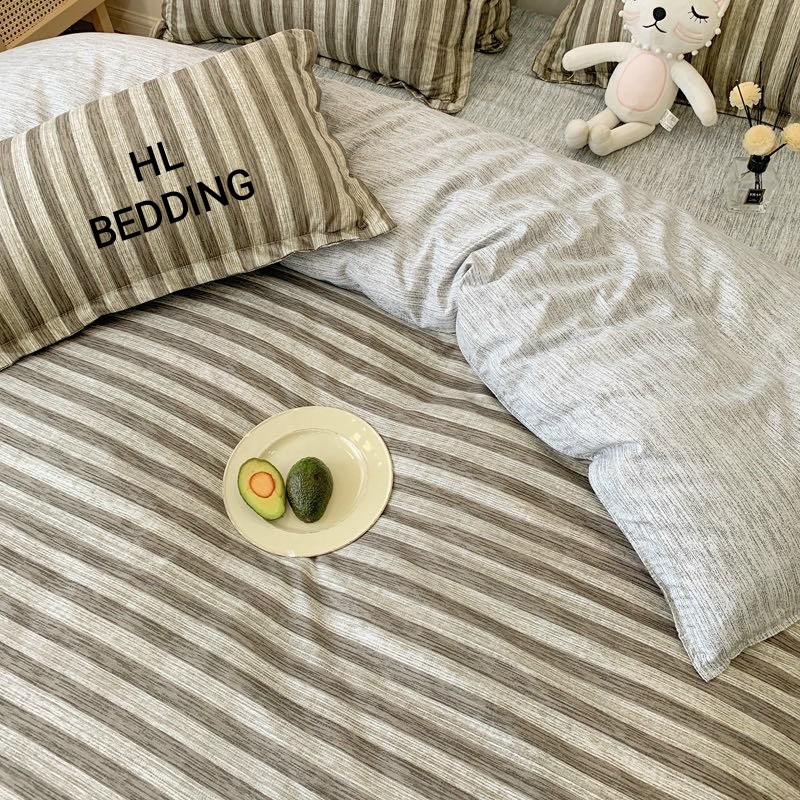 Bộ chăn ga Cotton poly HL bedding chăn ga Hàn Quốc xám sọc đủ size miễn phí bo chun