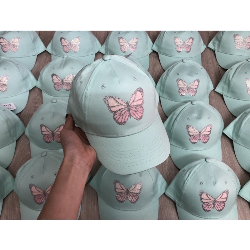 Mũ lưỡi trai Butterfly xanh cho bé gái dòng lớn, chất kaki mềm nhẹ đội rất thích. Hàg dư siêu đẹp
