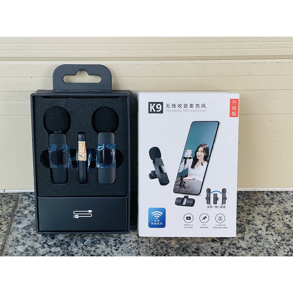 Micro cài áo không dây K9 khử tiếng ồn quay video vlog review sản phẩm livestream tiktok kết nối ai phôn 2 micro