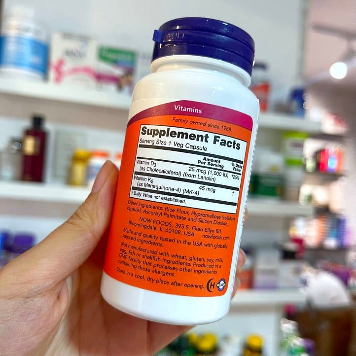 Now Vitamin D3 1000IU & K2 45mcg giúp chắc khoẻ xương lọ 120viên Mỹ