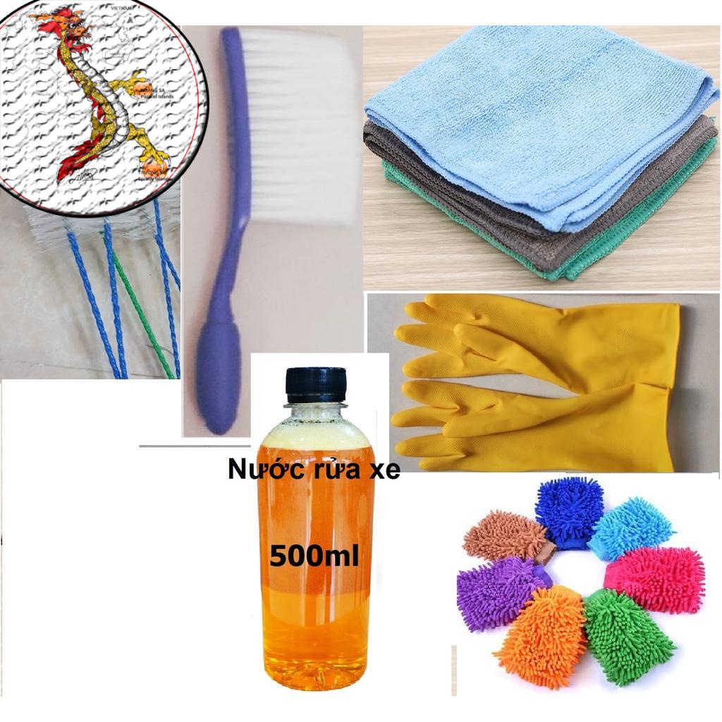 [QUẸO LỰA:Bộ dụng cụ 6 món rửa xe] Bao tay san hô-Cọ đuôi chó-khăn lau xe-bàn chải chà rửa xe-bao tay cao su-nước rửa xe