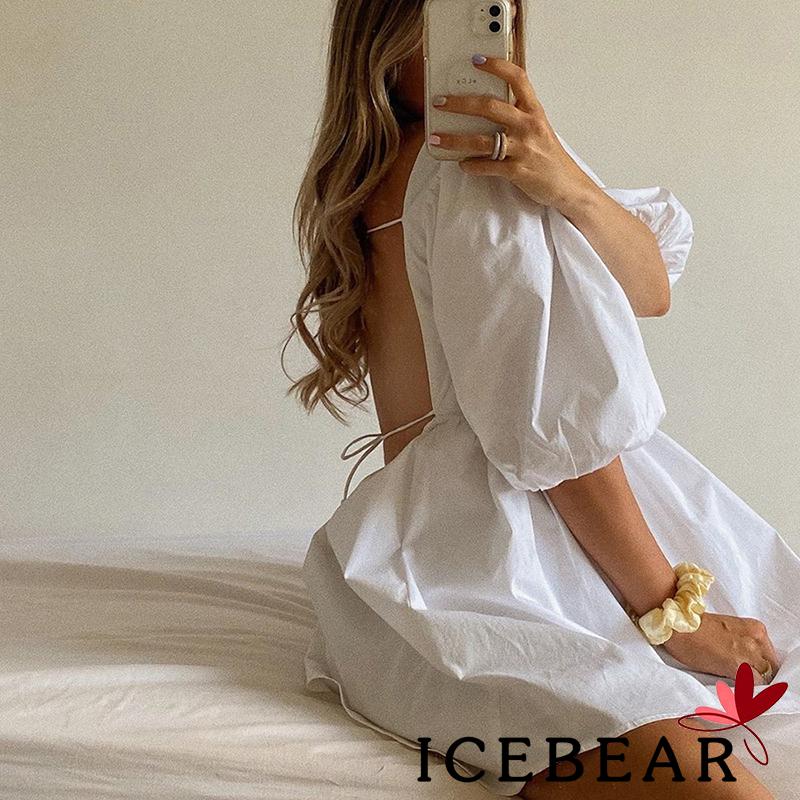 Đầm Tay Ngắn Màu Trơn Thiết Kế Hở Lưng Quyến Rũ Cho Nữ