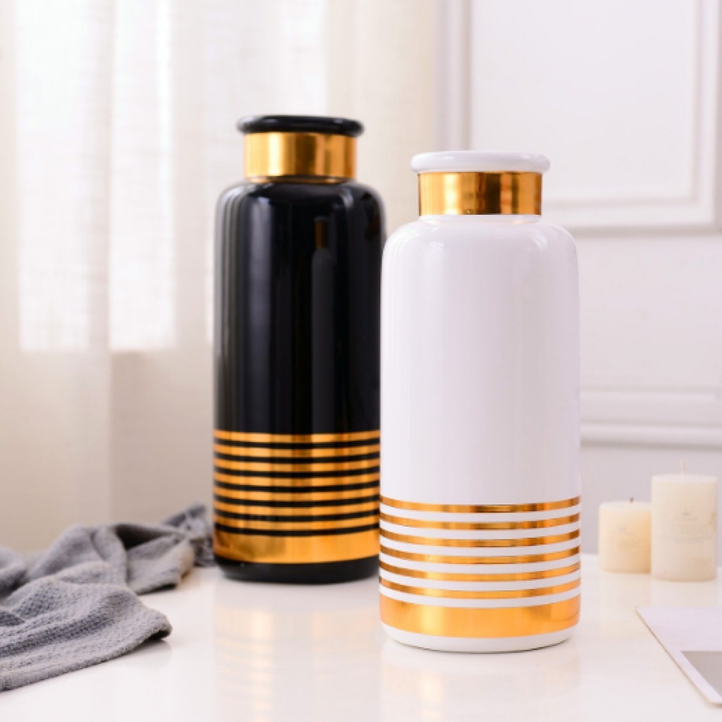 Bình cắm hoa viền vàng bằng sứ - trắng, đen Jassi Decor