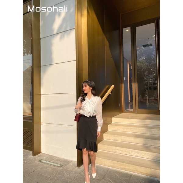 Áo sơ mi nữ suông Mosohali cổ nơ khuy ngọc thời trang công sở thiết kế mosohali