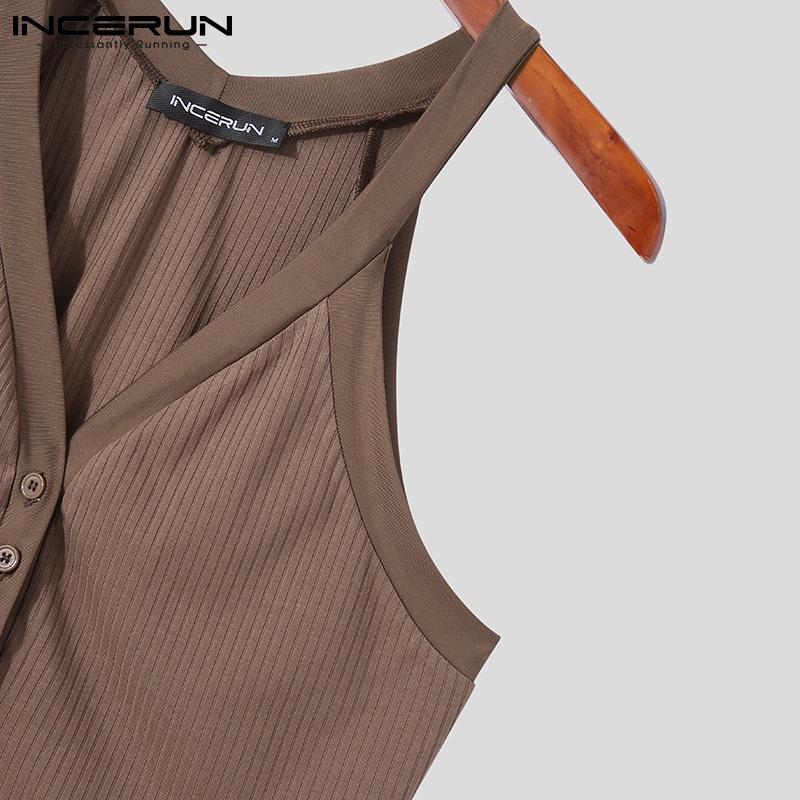 Áo tanktop croptop INCERUN dệt kim cài nút cổ V không tay thường ngày cho nam