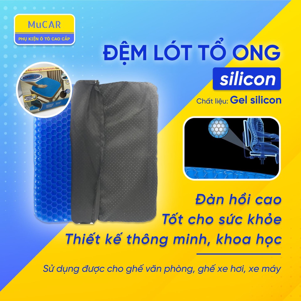 Đệm gel silicon 3D lót ghế văn phòng, ô tô, xe máy, thoáng khí siêu êm nâng đỡ lưng, cột sống