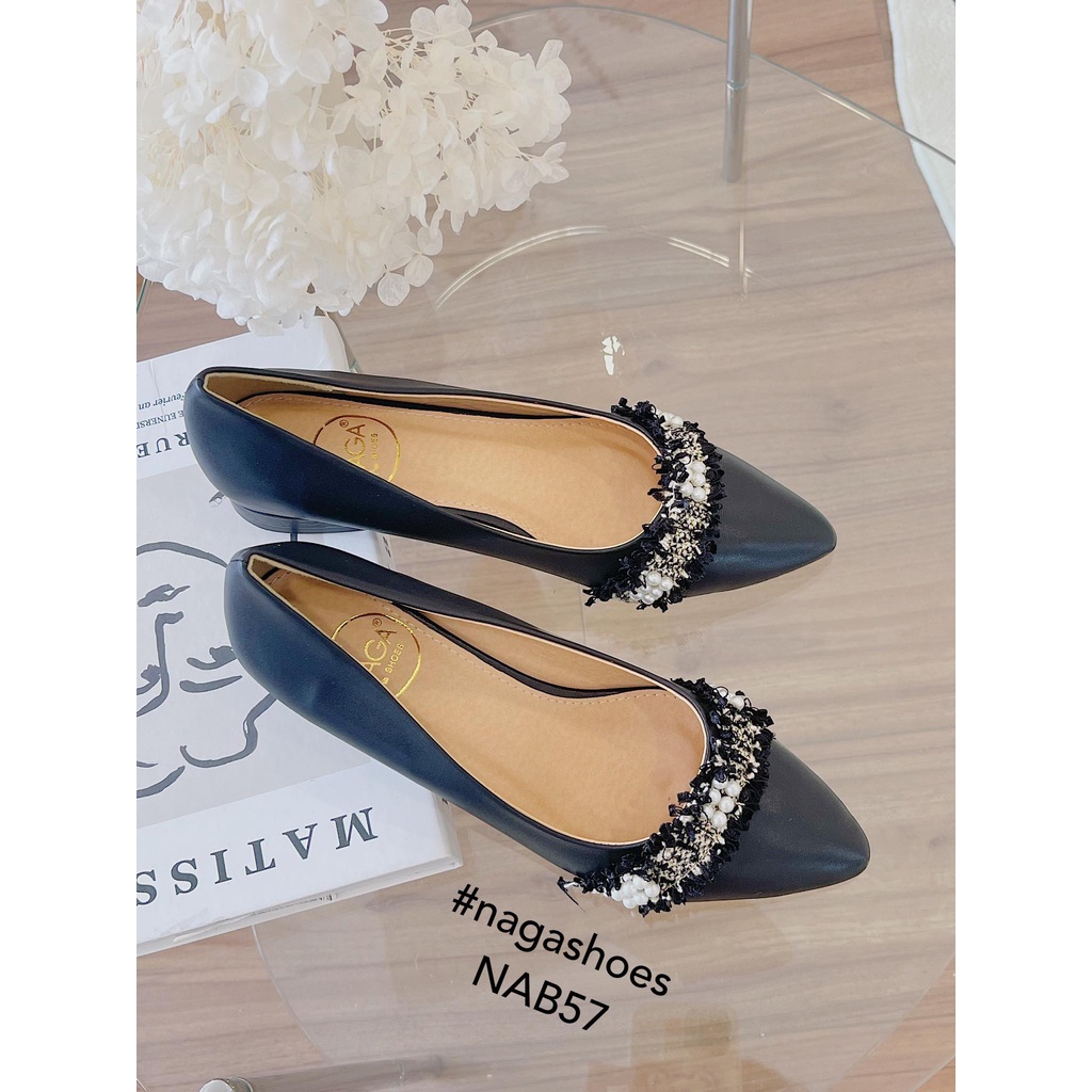 GIÀY BÚP BÊ NAGASHOES BÍT MŨI PHỐI VẢI REN HỌA TIẾT NAB57