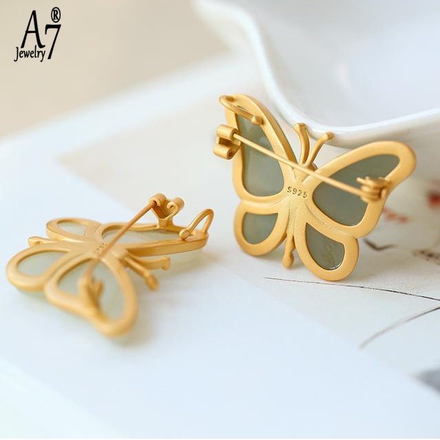 Ghim Cài Áo Hình Bướm Bằng Ngọc Bích Trắng S925 Mạ Vàng 18K Chống Thấm Nước Phong Cách Vintage