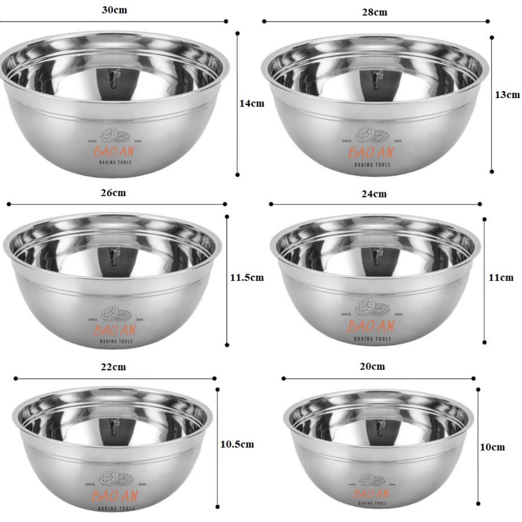 Âu trộn bột/tô trộn bột/ bowl trộn bột inox Full size 20cm-22cm-24cm-26cm-28cm-30cm