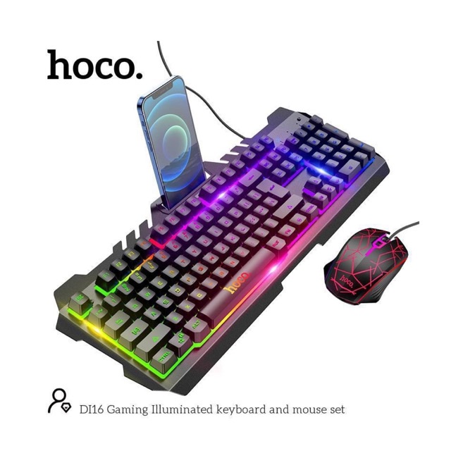 Bộ bàn phím và chuột có dây Hoco Gaming DI16, phím cơ có đèn LED tự điều chỉnh, chuột DPI 1600, khay để điện thoại