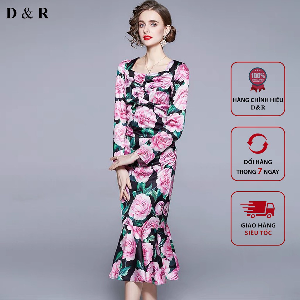 Đầm lụa body đuôi cá họa tiết hoa hồng Quảng Châu cao cấp thương hiệu thời trang D&R D083