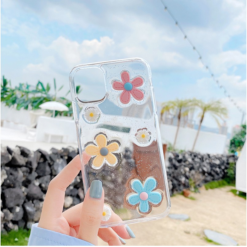 Casing iPhone 12 11 Pro Max XS Max XR X 7 8 6 6s Plus SE 2020 12 Mini 3D Daisies Flowers Bling Clear Phone Case Soft Silicone Protection Back Cover