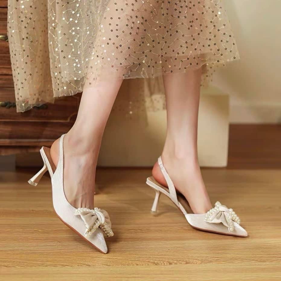 Sandal bít mũi nơ to viền hạt cực xinh khoét eo gót nhỏ - 7P