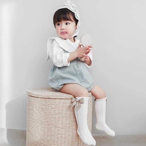 Tất vớ đùi cho bé gái - Tất đùi siêu xinh gắn nơ thiết kế viền thoáng khí Nemo Baby phong cách vintage Hàn Quốc TL07
