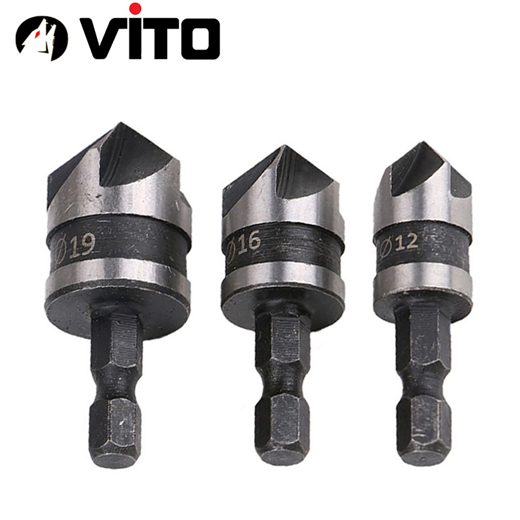 Bộ 3 Mũi Doa Âm Miệng Lỗ Bắt Âm Vít 12-16-19mm VITO 5 Lưỡi Phay Chuôi Lục Giác