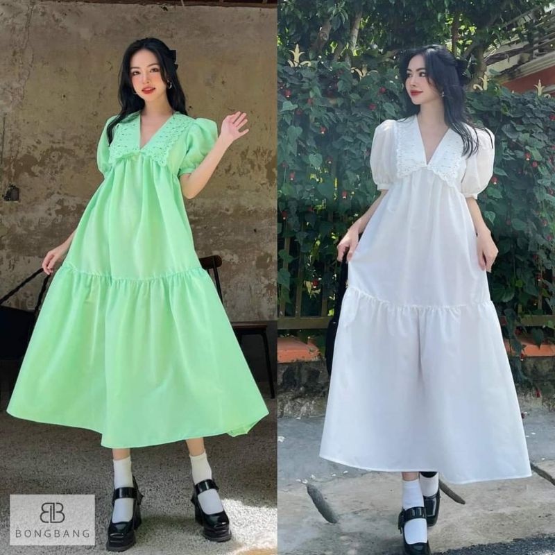 Váy Babydoll Cổ Bèo Ren Dáng Rộng Xoè Tầng Phong Cách Vintage