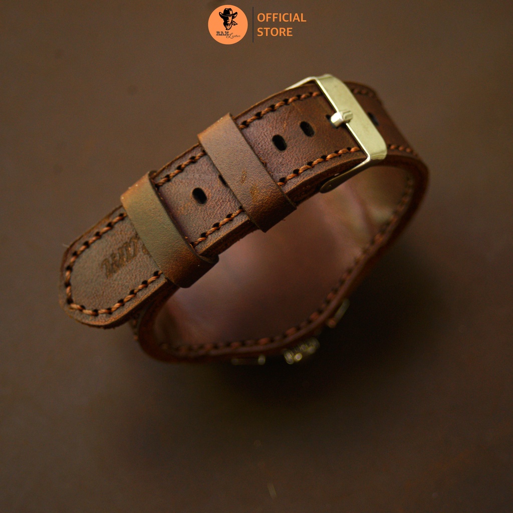 Dây đồng hồ da bò màu nâu đỏ - RAM Leather BX3 không lỗ
