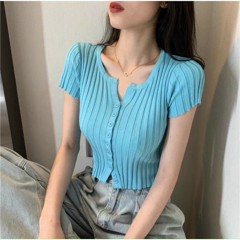 Áo len dệt kim cộc tay cổ V nhỏ - khuy cài