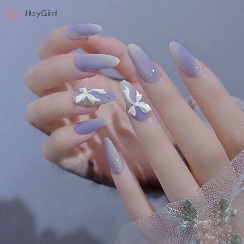 Set 24 Móng Tay Giả dài trong suốt đính nơ đá Gắn Nơ Xinh Xắn Thời Trang Cá Tính Cho móng giả đính nơ Kèm Keo Dán