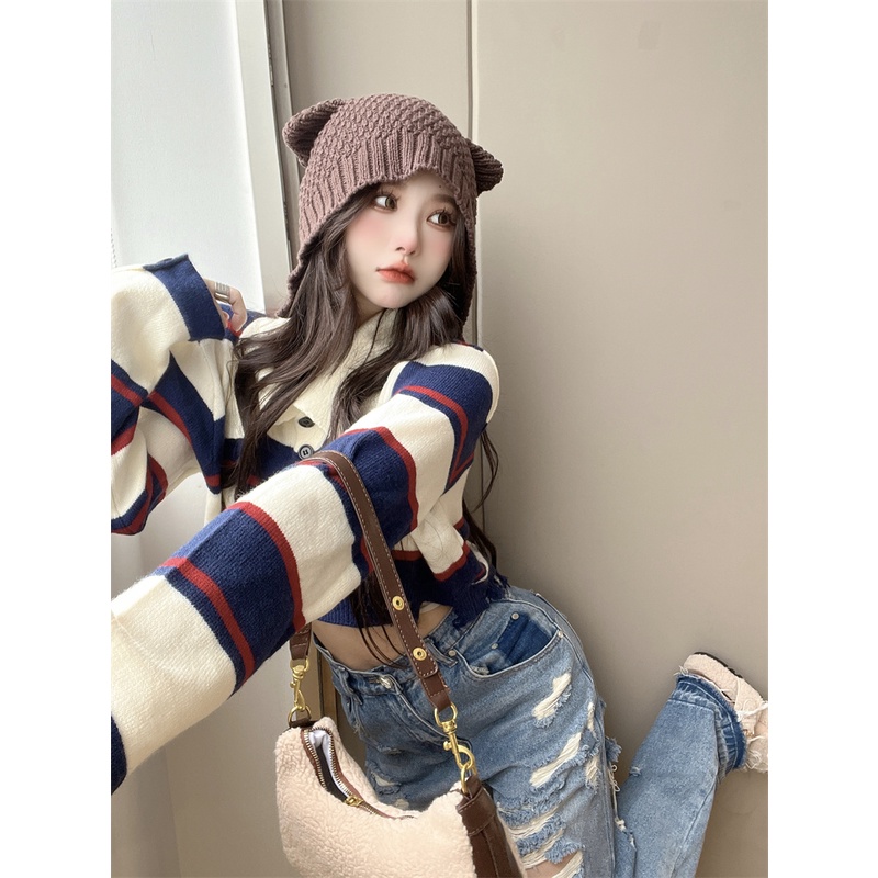 Áo sweater dệt kim cổ bẻ tay dài họa tiết sọc ngang phong cách thời trang Mỹ cho nữ