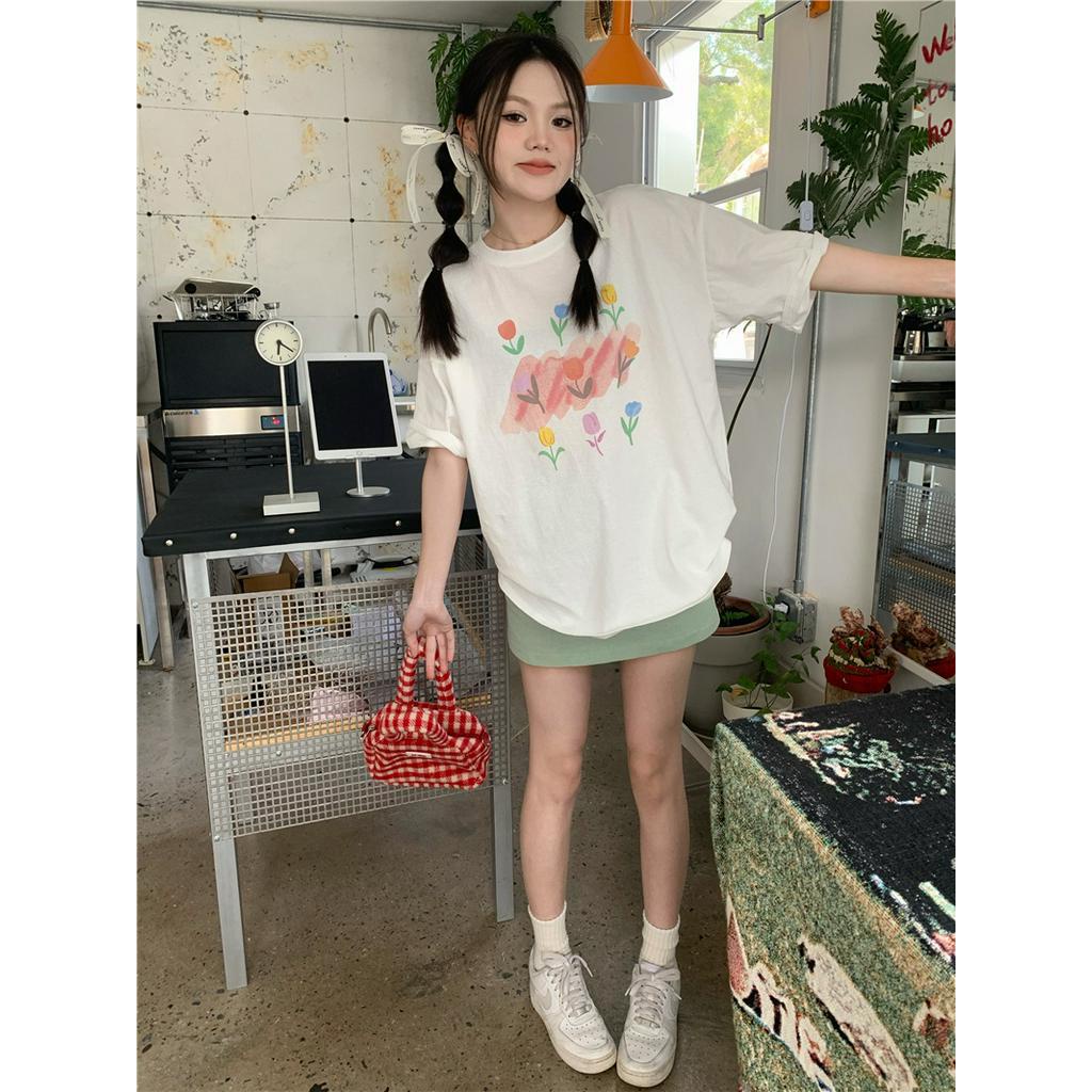 Áo Thun Dáng Rộng Ngắn Tay In Hình Hoa Tulip Thời Trang Cá Tính 61822
