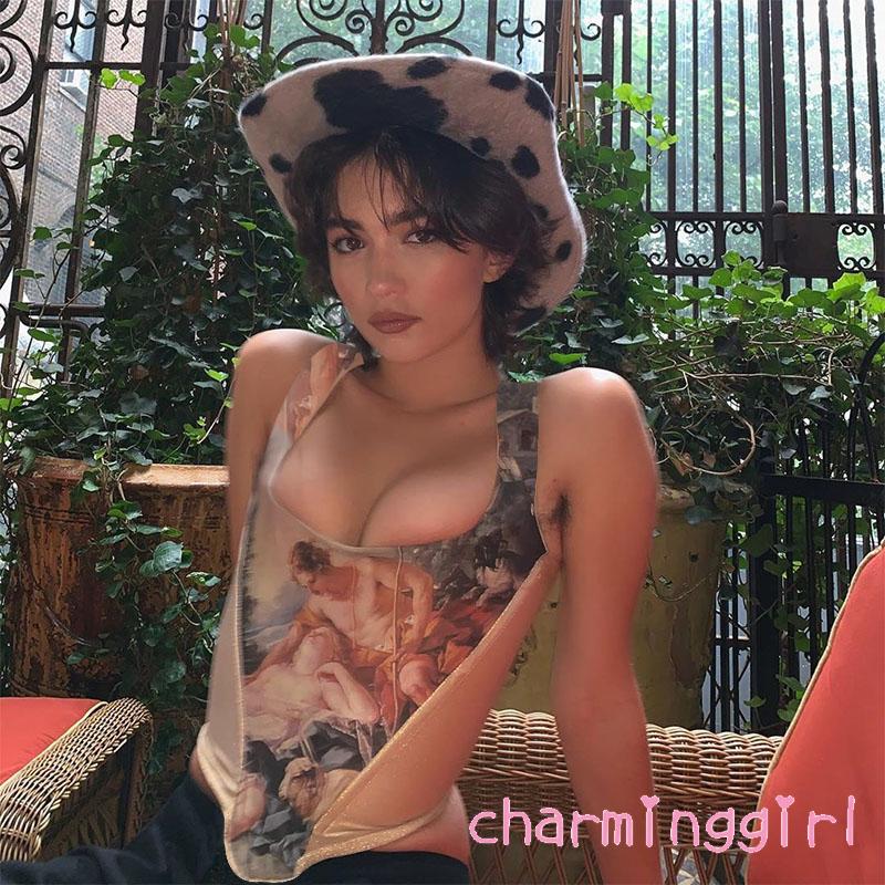 Áo sát nách/tay dài cổ vuông kiểu croptop in họa tiết thiên thần gợi cảm quyến rũ dành cho nữ