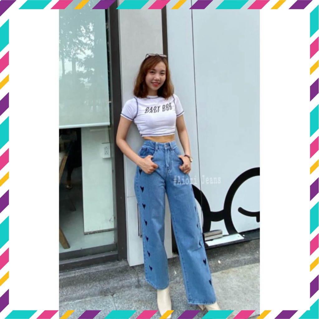 Quần Ống Rộng Lưng Cao Vải Cotton. Quần jeans ống rộng lưng cao in tìm dọc sườn