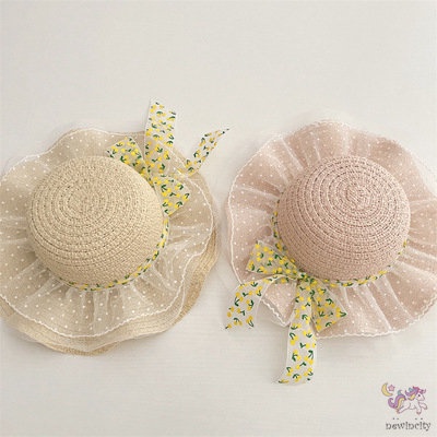 Mũ Cói Rộng Vành Phối Ruy Băng Ren Hoa Xinh Xắn Thời Trang Hàn Quốc Cho Bé Gái