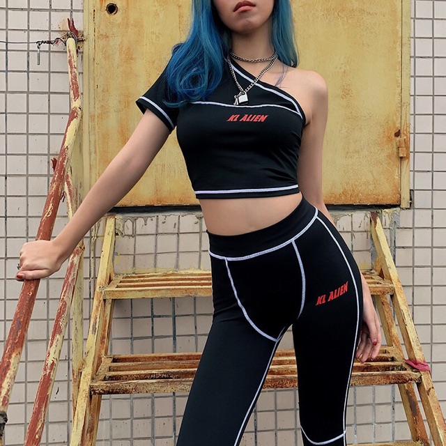 Đồ tập gym , bộ đồ tập thể thao nữ lệch vai màu đen phối viền trắng